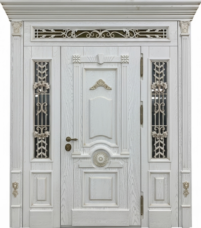 Парадная входная группа с терморазрывом, капителями, ковкой, стеклами и МДФ белого цвета со шпоном Парадная входная группа с терморазрывом, капителями, ковкой, стеклами и МДФ белого цвета со шпоном